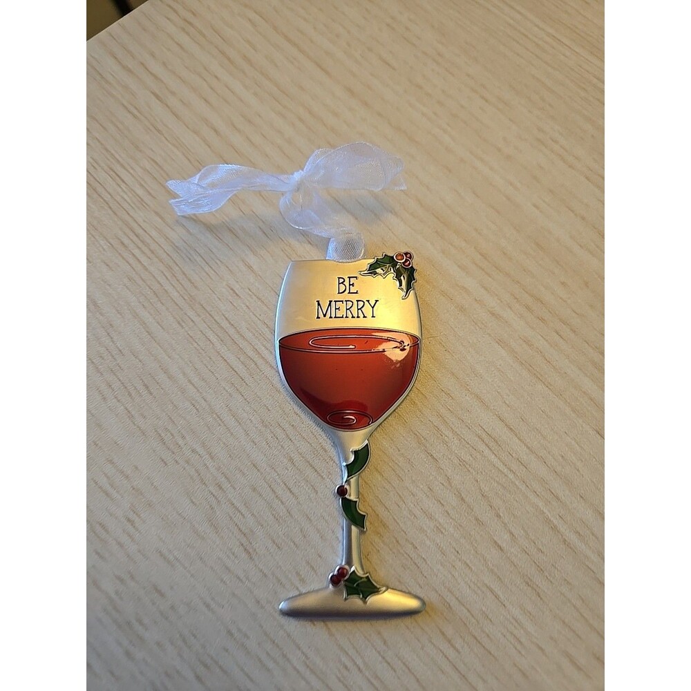Ganz Metal Wine Glass Christmas Ornament Be Merry Holiday Holly Red Wine